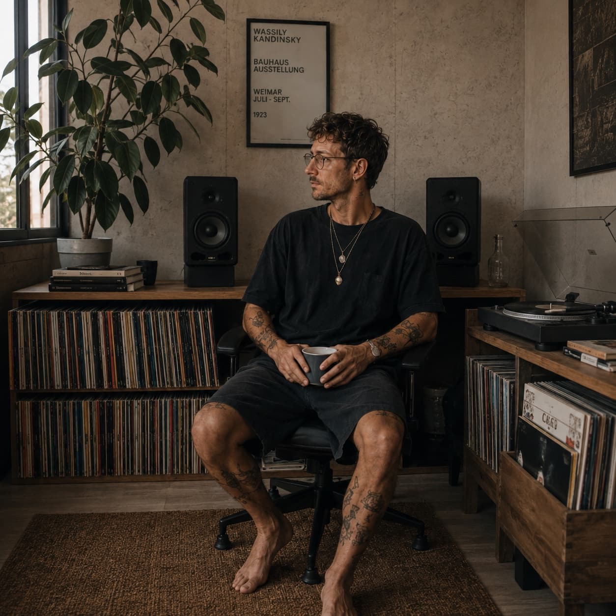Felix Kïno seated in his home studio between two speaker monitors and shelves of vinyl, a turntable to one side