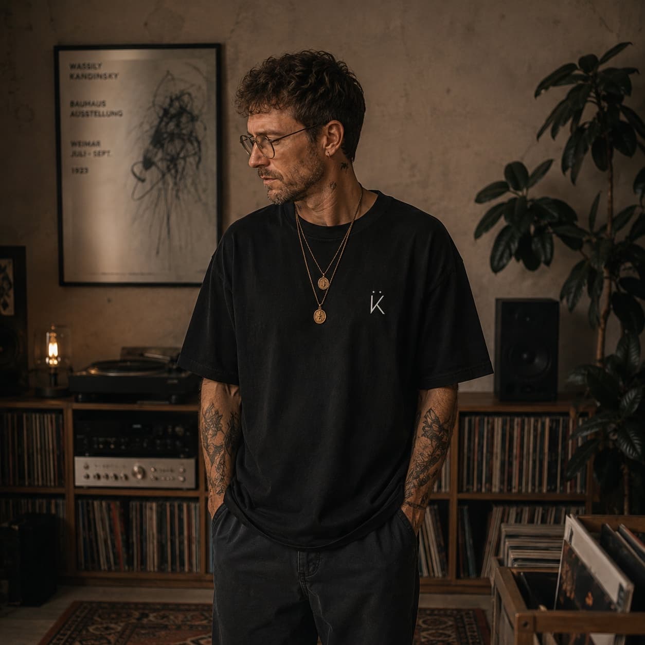 A black t-shirt with a small embroidered Felix Kïno mark, worn in a record-lined studio